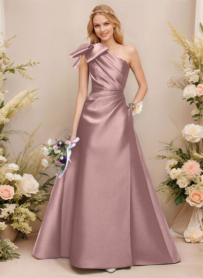 A-Line One-Shoulder Sleeveless Satin Bridesmaid Dresses With Bow(s)/Pockets