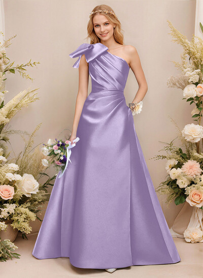 A-Line One-Shoulder Sleeveless Satin Bridesmaid Dresses With Bow(s)/Pockets