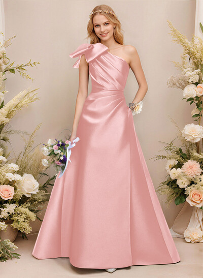 A-Line One-Shoulder Sleeveless Satin Bridesmaid Dresses With Bow(s)/Pockets