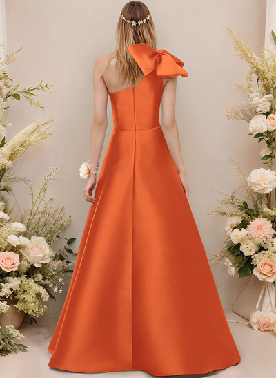 A-Line One-Shoulder Sleeveless Satin Bridesmaid Dresses With Bow(s)/Pockets