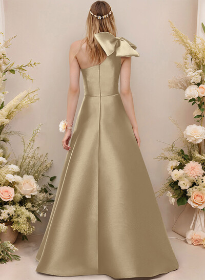 A-Line One-Shoulder Sleeveless Satin Bridesmaid Dresses With Bow(s)/Pockets