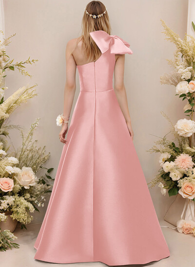 A-Line One-Shoulder Sleeveless Satin Bridesmaid Dresses With Bow(s)/Pockets