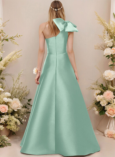 A-Line One-Shoulder Sleeveless Satin Bridesmaid Dresses With Bow(s)/Pockets
