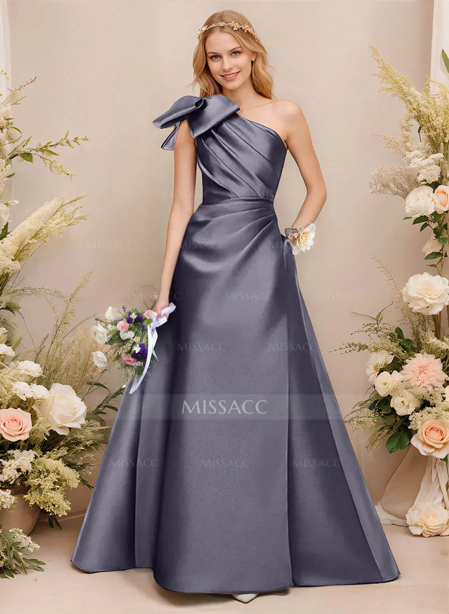 Missacc Navy Blue Bridesmaid A-Line One-Shoulder Sleeveless Satin Bridesmaid Dresses With Bow(s)/Pockets