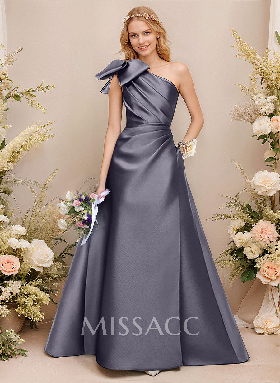 A-Line One-Shoulder Sleeveless Satin Bridesmaid Dresses With Bow(s)/Pockets A-Line One-Shoulder Sleeveless Satin Bridesmaid Dresses With Bow(s)/Pockets