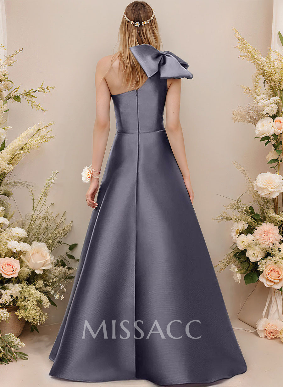 A-Line One-Shoulder Sleeveless Satin Bridesmaid Dresses With Bow(s)/Pockets A-Line One-Shoulder Sleeveless Satin Bridesmaid Dresses With Bow(s)/Pockets