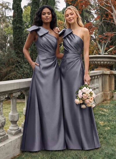A-Line One-Shoulder Sleeveless Satin Bridesmaid Dresses With Bow(s)/Pockets