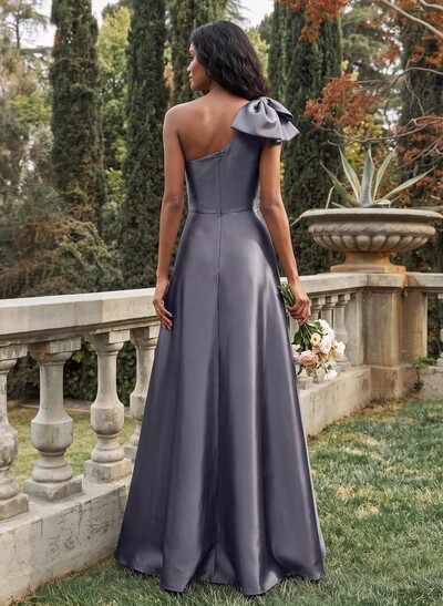 A-Line One-Shoulder Sleeveless Satin Bridesmaid Dresses With Bow(s)/Pockets