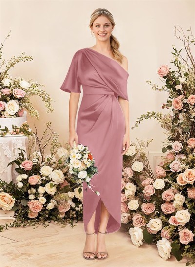 Sheath/Column Asymmetrical Sleeveless Satin Bridesmaid Dresses With Ruffle