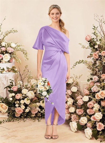 Sheath/Column Asymmetrical Sleeveless Satin Bridesmaid Dresses With Ruffle