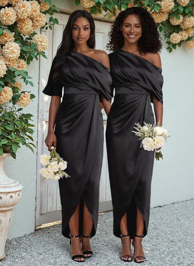 Sheath/Column Asymmetrical Sleeveless Satin Bridesmaid Dresses With Ruffle