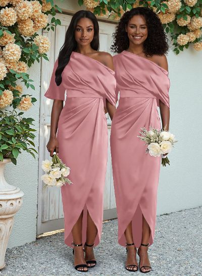 Sheath/Column Asymmetrical Sleeveless Satin Bridesmaid Dresses With Ruffle