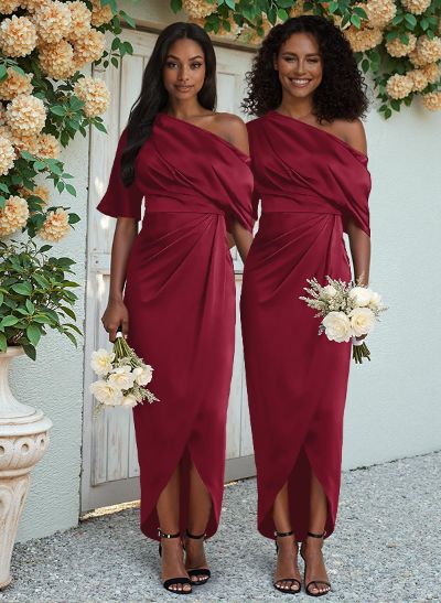 Sheath/Column Asymmetrical Sleeveless Satin Bridesmaid Dresses With Ruffle