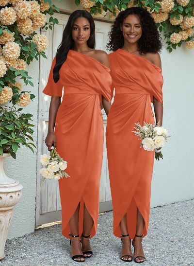 Sheath/Column Asymmetrical Sleeveless Satin Bridesmaid Dresses With Ruffle