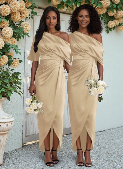 Sheath/Column Asymmetrical Sleeveless Satin Bridesmaid Dresses With Ruffle