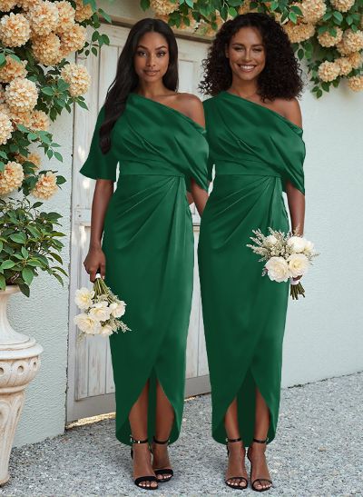 Sheath/Column Asymmetrical Sleeveless Satin Bridesmaid Dresses With Ruffle