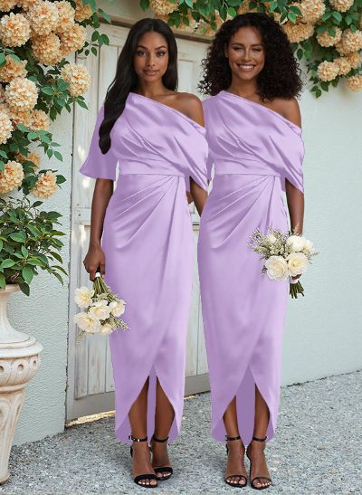 Sheath/Column Asymmetrical Sleeveless Satin Bridesmaid Dresses With Ruffle