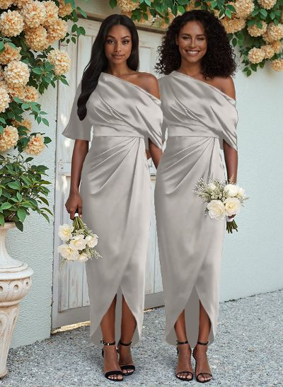 Sheath/Column Asymmetrical Sleeveless Satin Bridesmaid Dresses With Ruffle