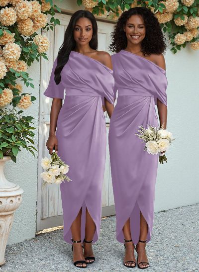 Sheath/Column Asymmetrical Sleeveless Satin Bridesmaid Dresses With Ruffle