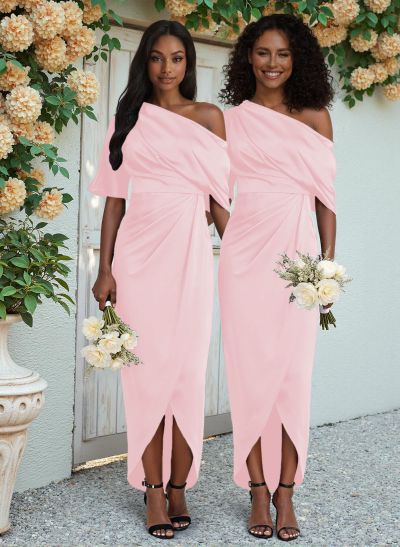 Sheath/Column Asymmetrical Sleeveless Satin Bridesmaid Dresses With Ruffle