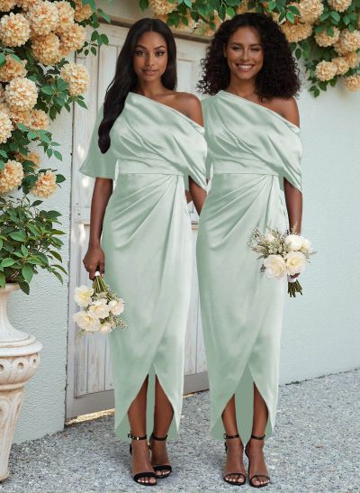 Sheath/Column Asymmetrical Sleeveless Satin Bridesmaid Dresses With Ruffle