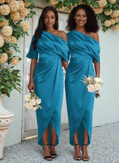 Sheath/Column Asymmetrical Sleeveless Satin Bridesmaid Dresses With Ruffle