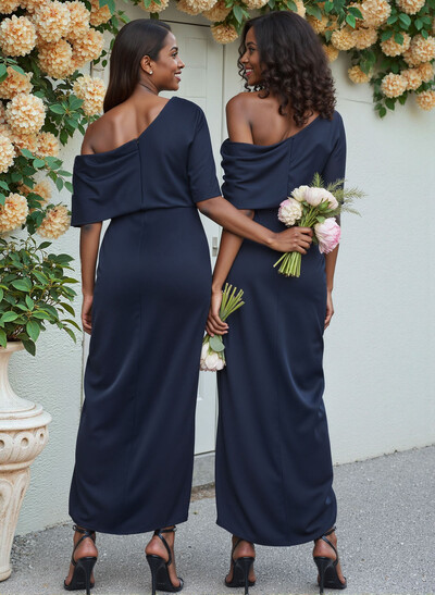 Sheath/Column Asymmetrical Sleeveless Satin Bridesmaid Dresses With Ruffle