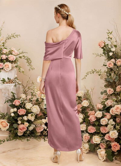 Sheath/Column Asymmetrical Sleeveless Satin Bridesmaid Dresses With Ruffle