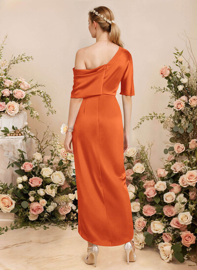 Sheath/Column Asymmetrical Sleeveless Satin Bridesmaid Dresses With Ruffle