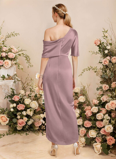 Sheath/Column Asymmetrical Sleeveless Satin Bridesmaid Dresses With Ruffle