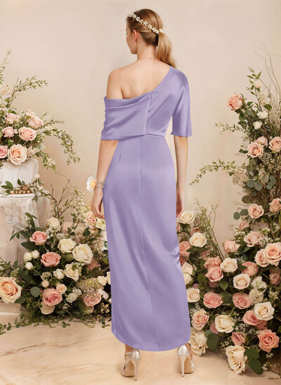 Sheath/Column Asymmetrical Sleeveless Satin Bridesmaid Dresses With Ruffle