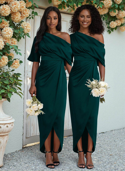 Sheath/Column Asymmetrical Sleeveless Satin Bridesmaid Dresses With Ruffle