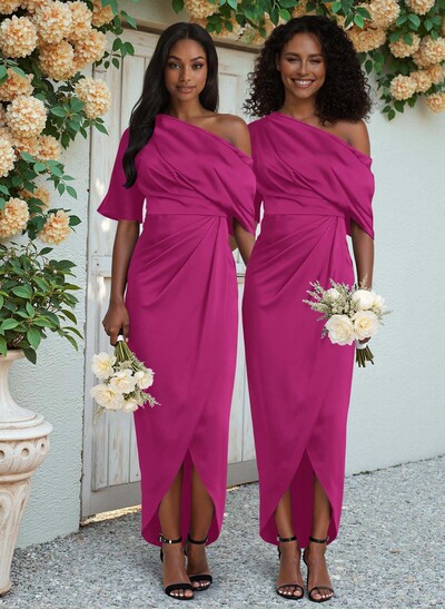 Sheath/Column Asymmetrical Sleeveless Satin Bridesmaid Dresses With Ruffle