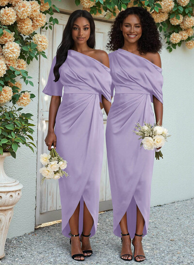 Sheath/Column Asymmetrical Sleeveless Satin Bridesmaid Dresses With Ruffle
