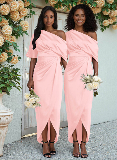 Sheath/Column Asymmetrical Sleeveless Satin Bridesmaid Dresses With Ruffle