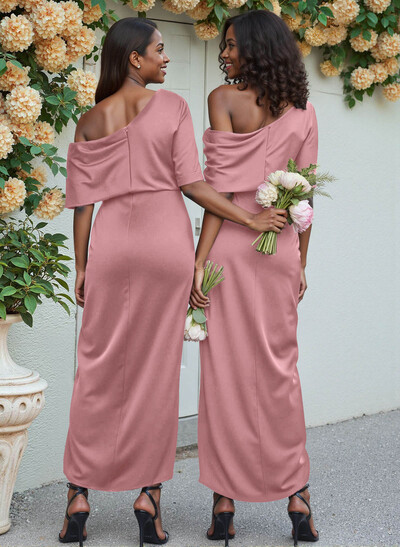 Sheath/Column Asymmetrical Sleeveless Satin Bridesmaid Dresses With Ruffle