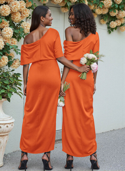 Sheath/Column Asymmetrical Sleeveless Satin Bridesmaid Dresses With Ruffle