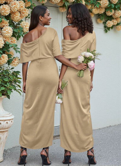 Sheath/Column Asymmetrical Sleeveless Satin Bridesmaid Dresses With Ruffle