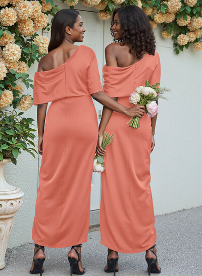 Sheath/Column Asymmetrical Sleeveless Satin Bridesmaid Dresses With Ruffle