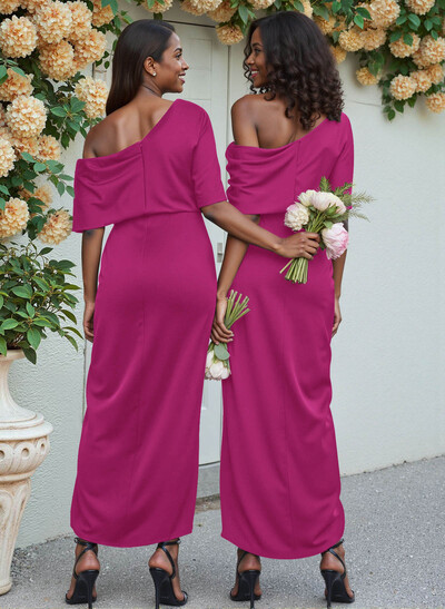 Sheath/Column Asymmetrical Sleeveless Satin Bridesmaid Dresses With Ruffle