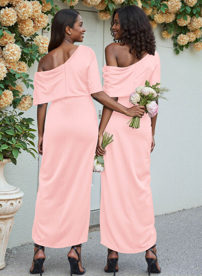 Sheath/Column Asymmetrical Sleeveless Satin Bridesmaid Dresses With Ruffle