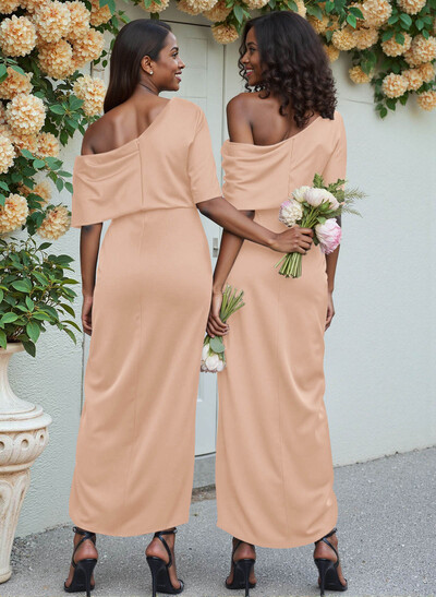 Sheath/Column Asymmetrical Sleeveless Satin Bridesmaid Dresses With Ruffle