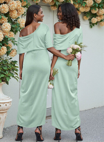 Sheath/Column Asymmetrical Sleeveless Satin Bridesmaid Dresses With Ruffle