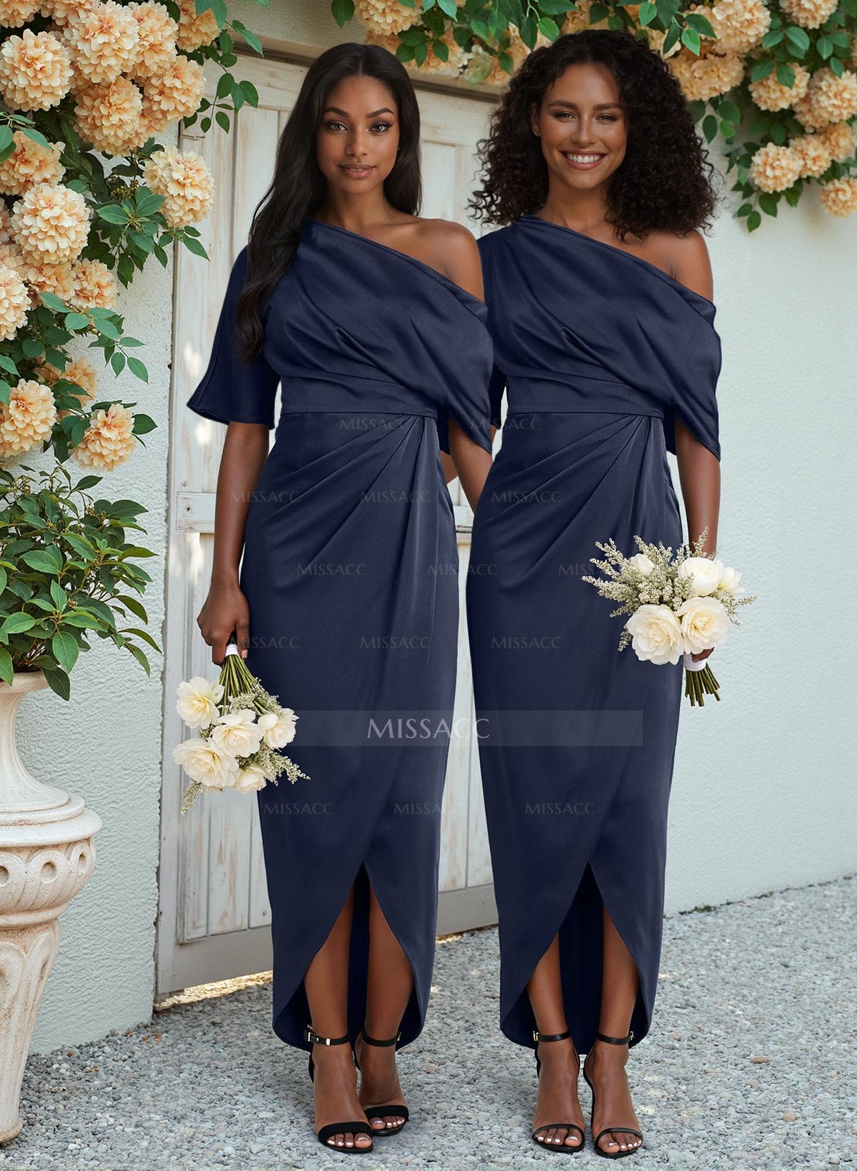 Sheath/Column Asymmetrical Sleeveless Satin Bridesmaid Dresses With Ruffle