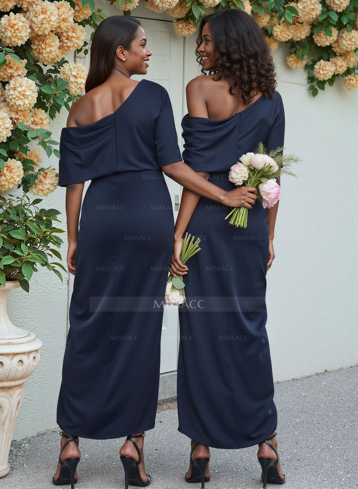 Sheath/Column Asymmetrical Sleeveless Satin Bridesmaid Dresses With Ruffle
