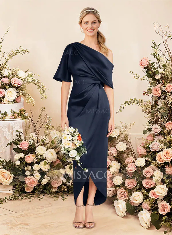 Missacc Chocolate Bridesmaid Sheath/Column Asymmetrical Sleeveless Satin Bridesmaid Dresses With Ruffle