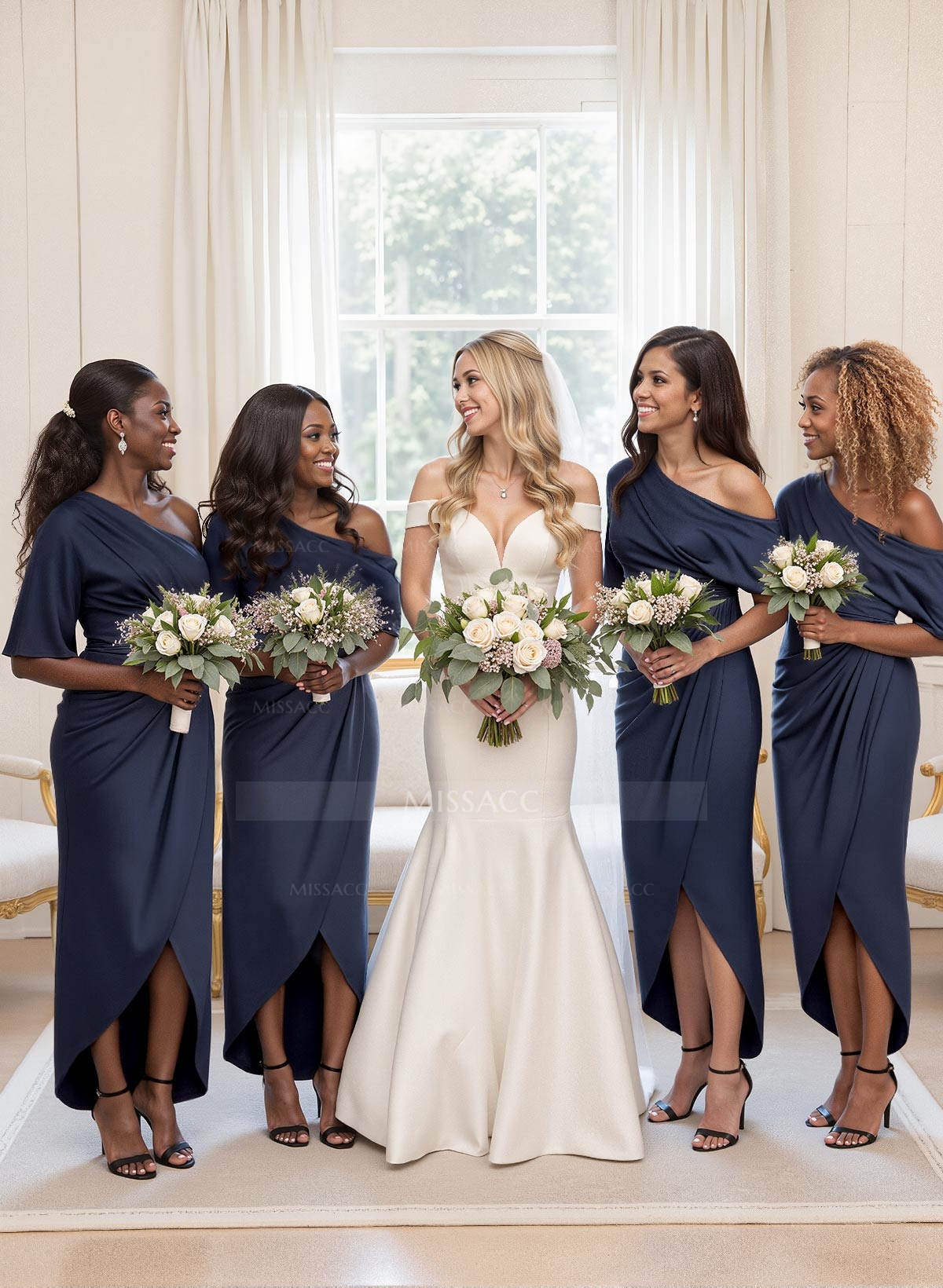 Sheath/Column Asymmetrical Sleeveless Satin Bridesmaid Dresses With Ruffle