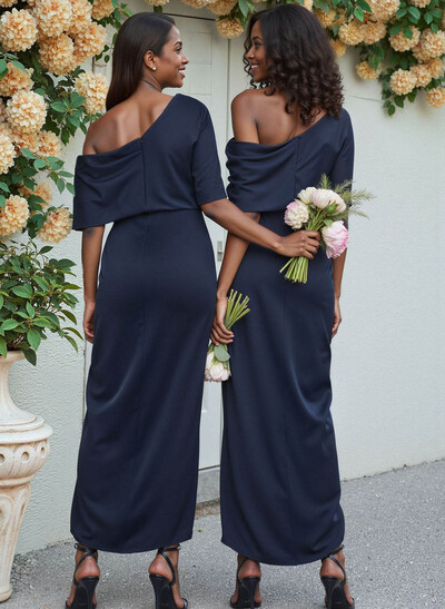 Sheath/Column Asymmetrical Sleeveless Satin Bridesmaid Dresses With Ruffle