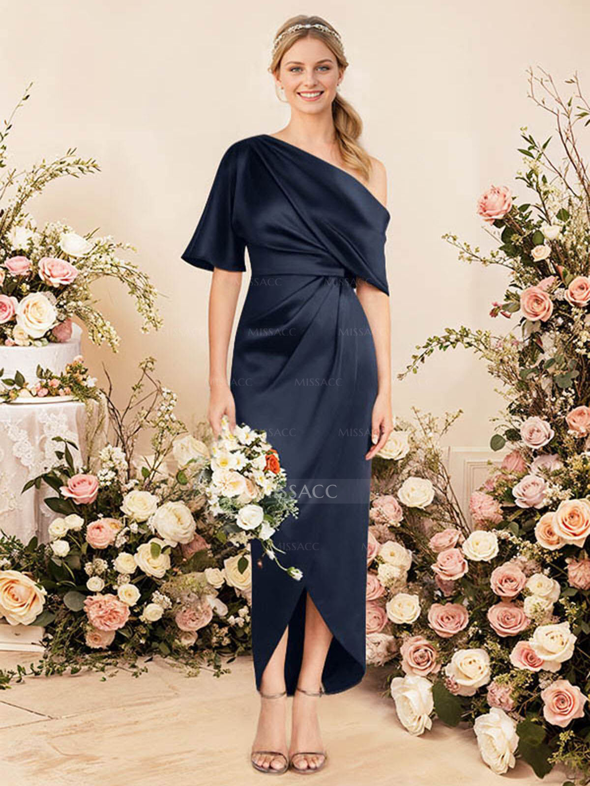 Sheath/Column Asymmetrical Sleeveless Satin Bridesmaid Dresses With Ruffle