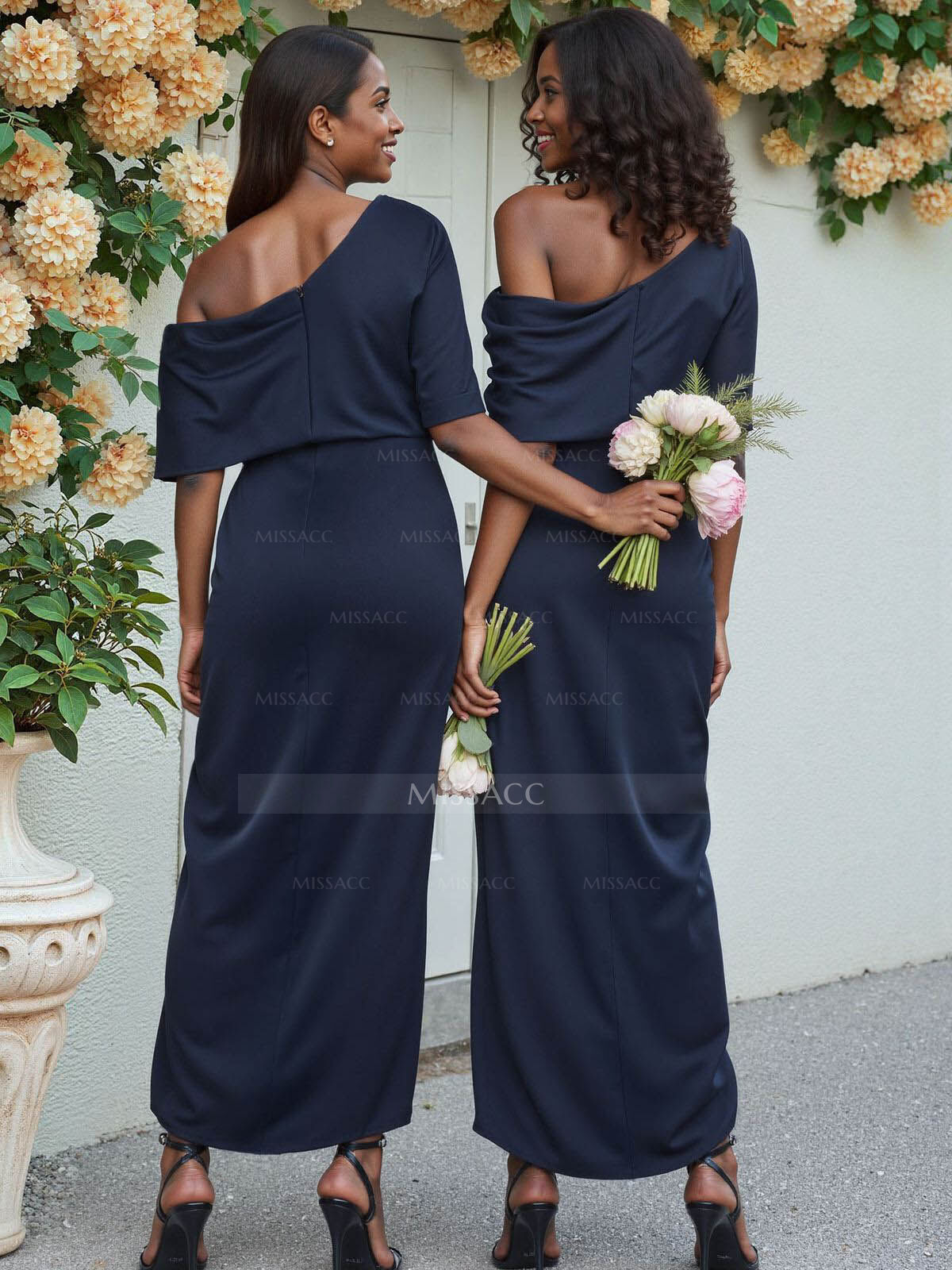 Sheath/Column Asymmetrical Sleeveless Satin Bridesmaid Dresses With Ruffle